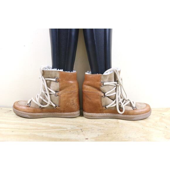 Isabel Marant Boots 40 Brown Leather Shearling Nowles Hidden Wedge Ankle Bootie - Picture 3 of 16